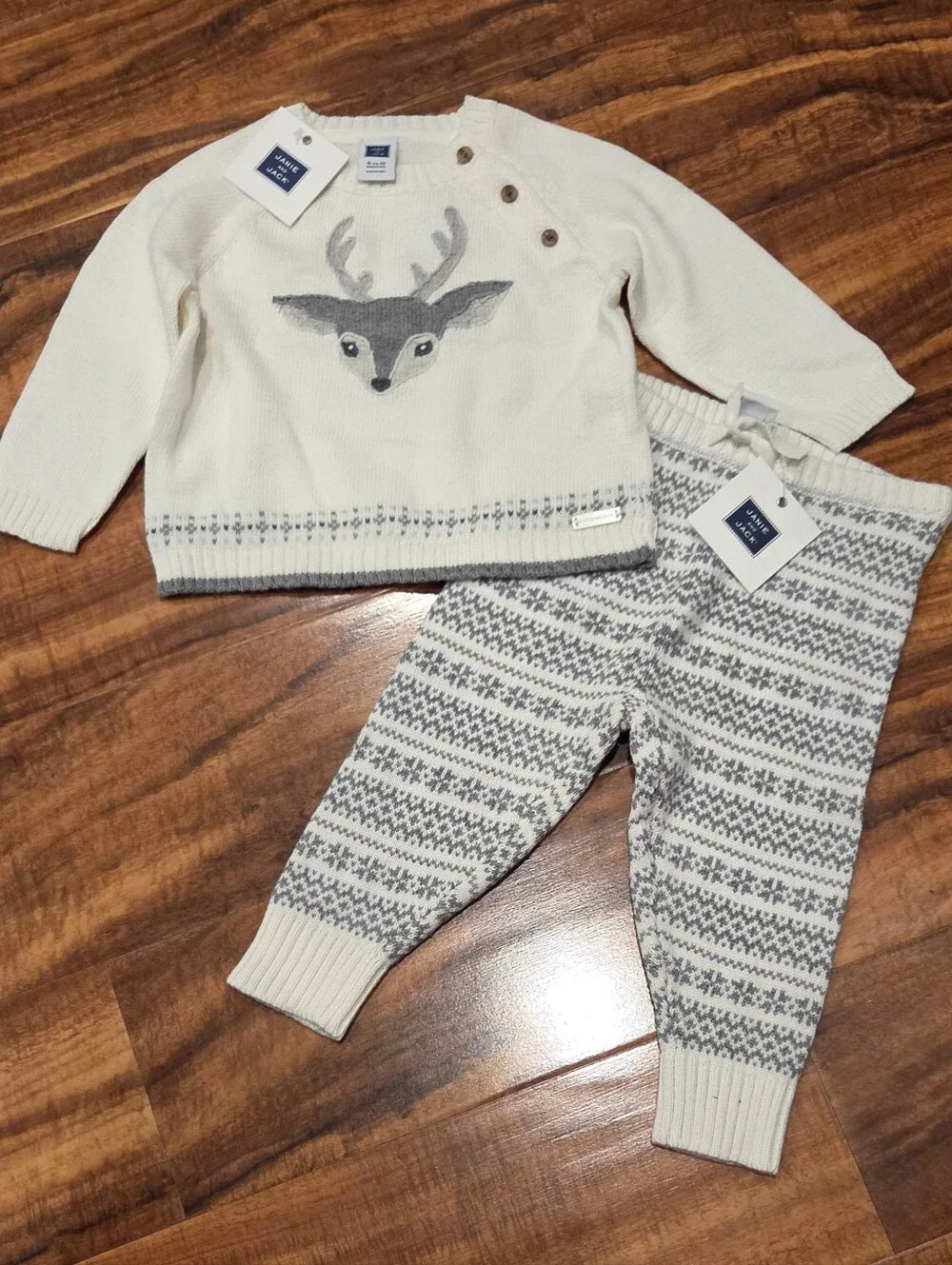 Janie and Jack NWT 6-12 months ivory/gray fair isle reindeer sweater & pants set